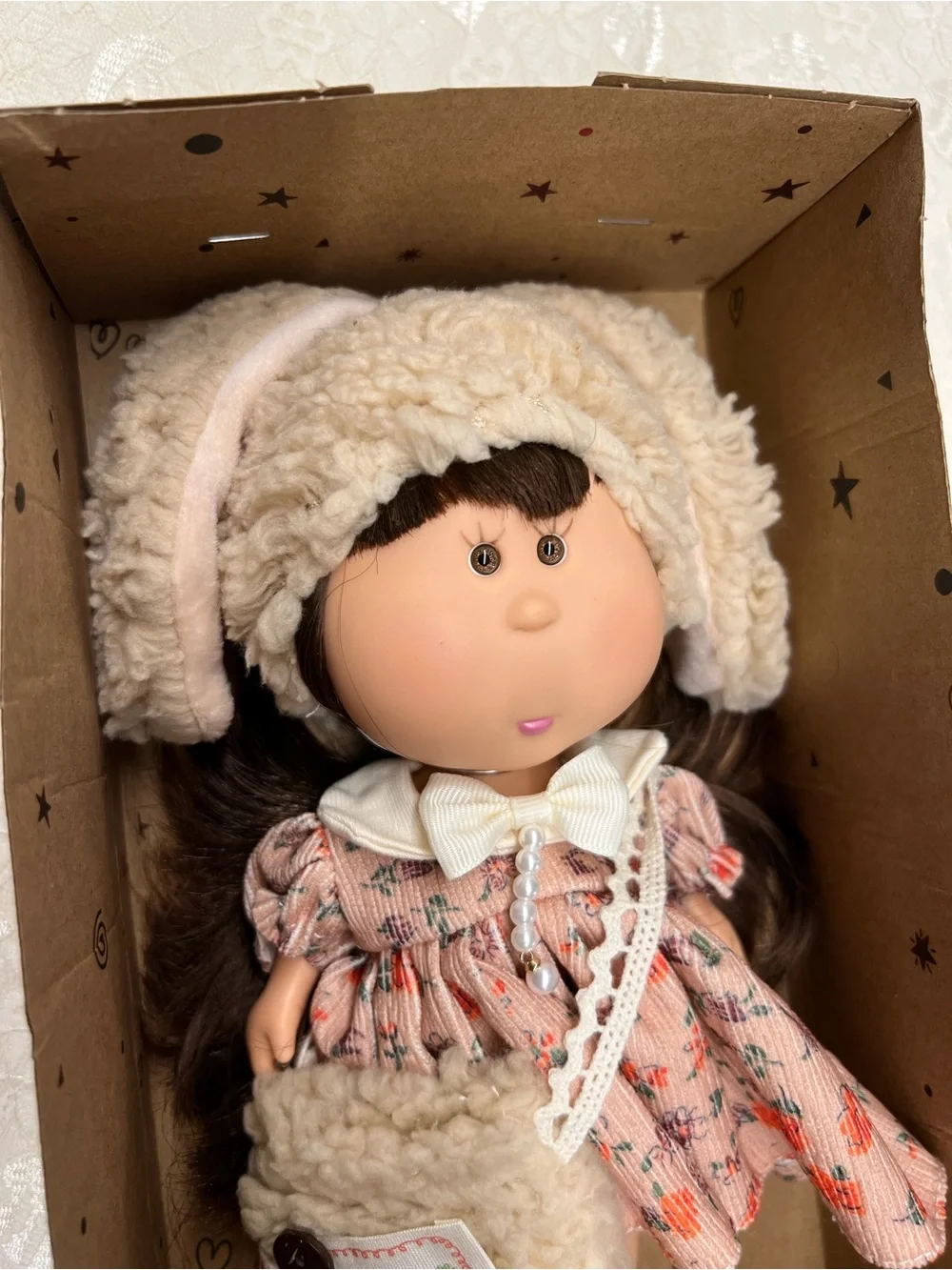 New, Mia Potato Doll with Plush Winter Hat and Floral Dress - Cream & Pink